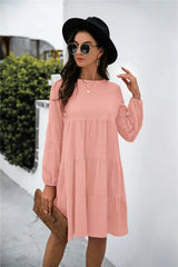 Balloon Sleeve Keyhole Tiered Dress - Trendsi - Flyclothing LLC