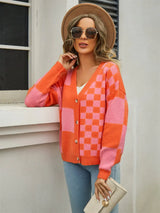 Plaid V-Neck Dropped Shoulder Cardigan - Trendsi - Flyclothing LLC