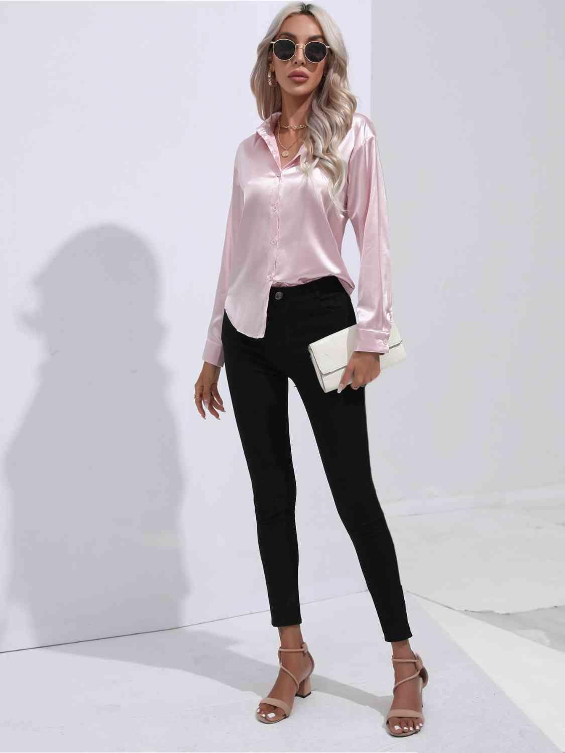Collared Neck Buttoned Long Sleeve Shirt - Trendsi - Flyclothing LLC