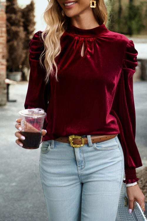 Tie Up Mock Neck Velvet Fabric Long Sleeve Blouse - Trendsi - Flyclothing LLC