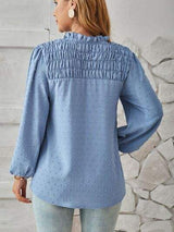 Ruched Swiss Dot Notched Balloon Sleeve T-Shirt - Trendsi - Flyclothing LLC