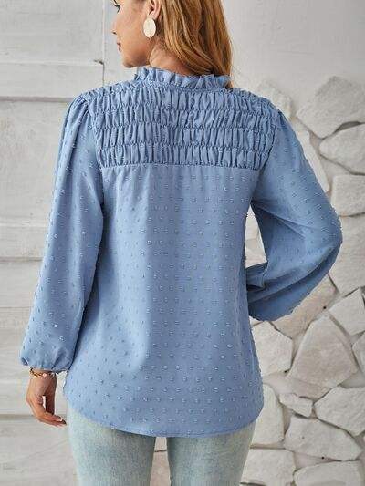 Ruched Swiss Dot Notched Balloon Sleeve T-Shirt - Trendsi - Flyclothing LLC