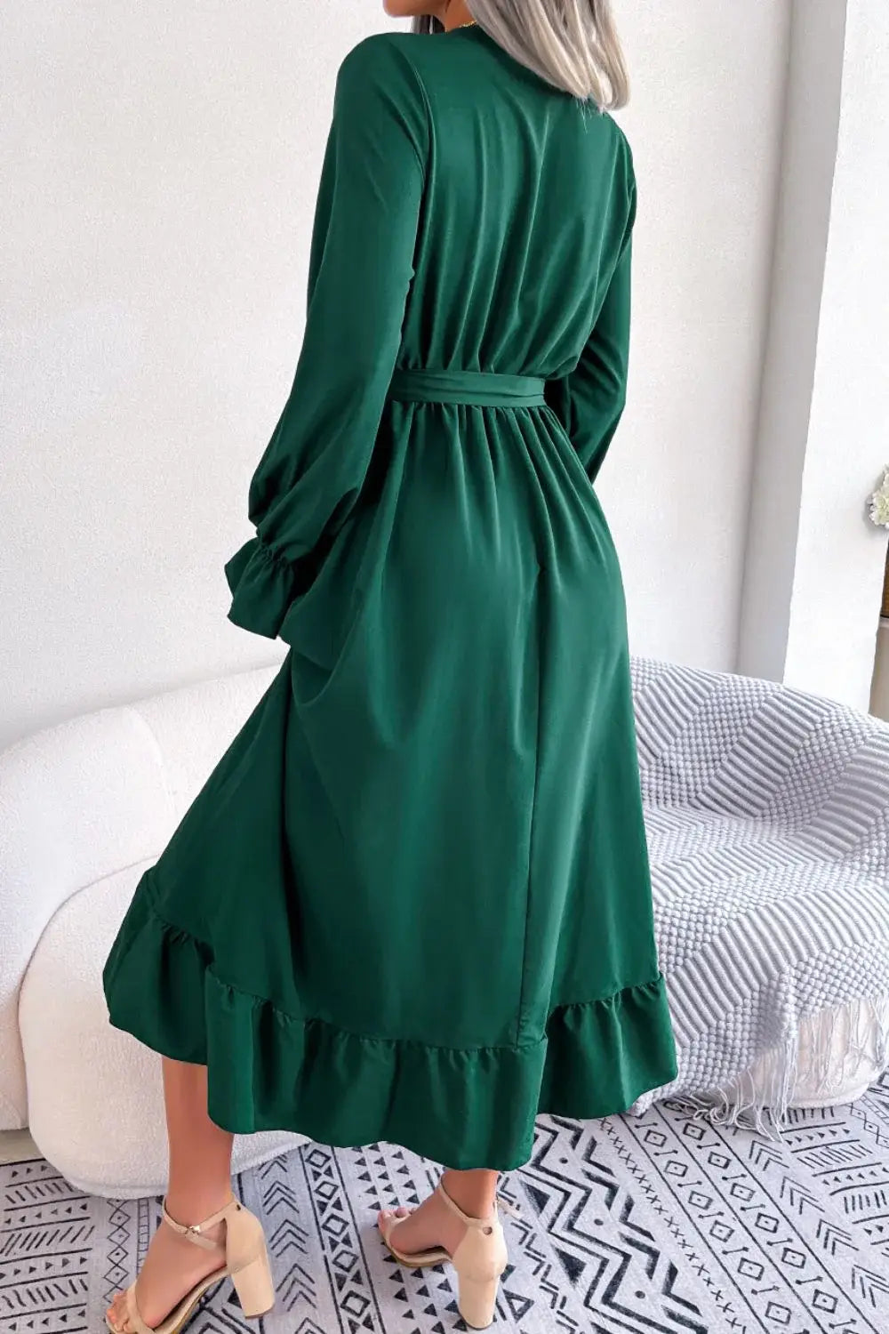 Contrast Belted Flounce Sleeve Dress - Trendsi - Flyclothing LLC