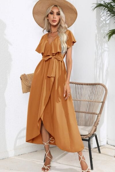 Ruffled Tied V-Neck Midi Dress - Trendsi
