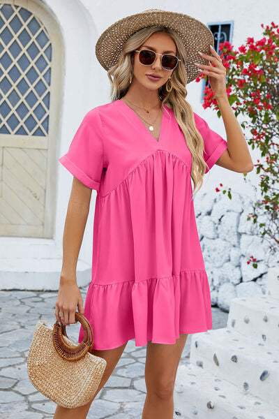 Ruched Tiered V-Neck Short Sleeve Mini Dress - Trendsi - Flyclothing LLC