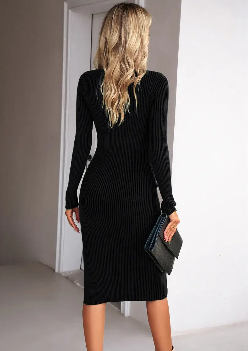 Rib-Knit Slit Sweater Dress - Trendsi - Flyclothing LLC