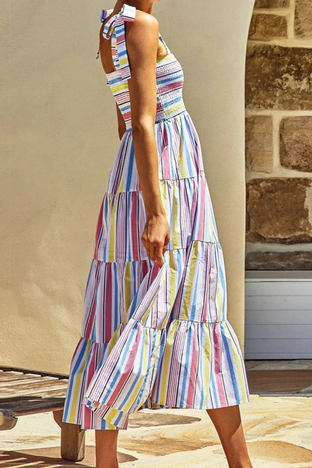 Striped Tie-Shoulder Smocked Tiered Dress - Trendsi - Flyclothing LLC