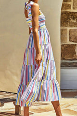 Striped Tie-Shoulder Smocked Tiered Dress - Flyclothing LLC