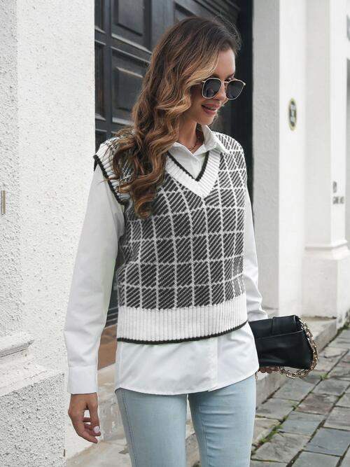 Plaid V-Neck Sweater Vest - Trendsi - Flyclothing LLC