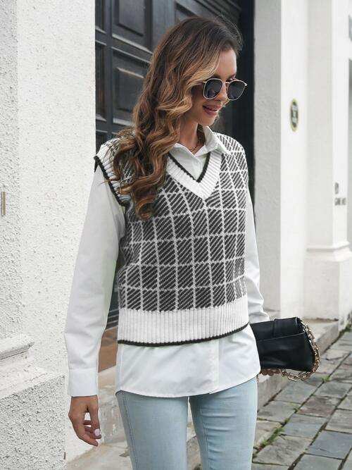 Plaid V-Neck Sweater Vest - Trendsi - Flyclothing LLC