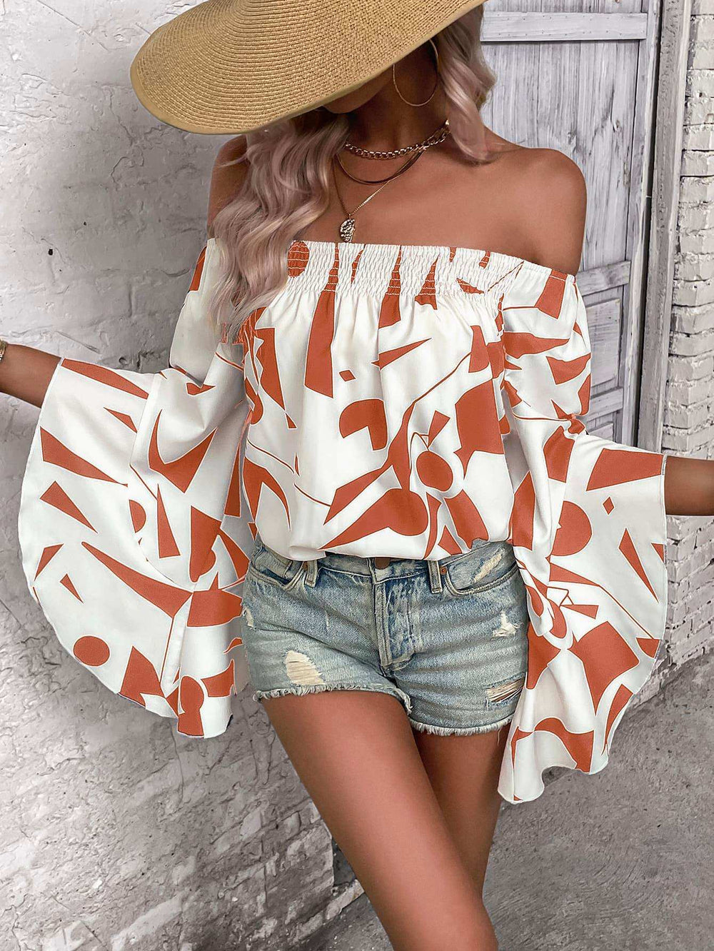 Printed Off-Shoulder Bell Sleeve Blouse - Trendsi - Flyclothing LLC