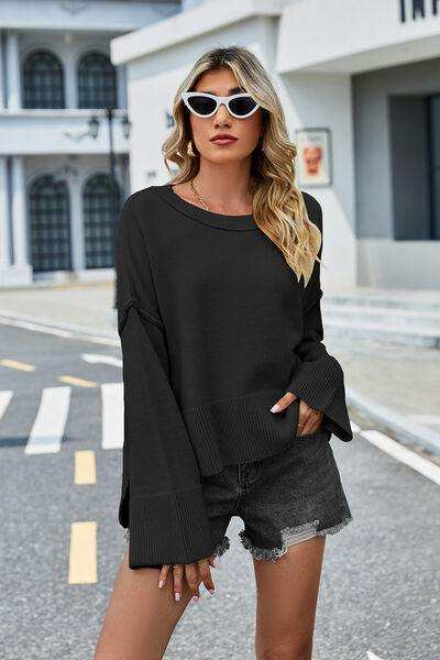 High-Low Slit Round Neck Long Sleeve Sweater - Trendsi - Flyclothing LLC
