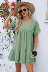 Ruched Tiered V-Neck Short Sleeve Mini Dress - Trendsi - Flyclothing LLC