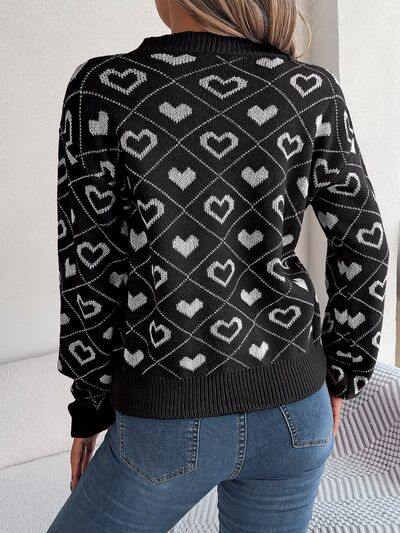 Heart Pattern V-Neck Long Sleeve Sweater - Trendsi