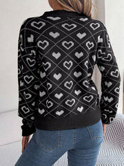 Heart Pattern V-Neck Long Sleeve Sweater - Trendsi