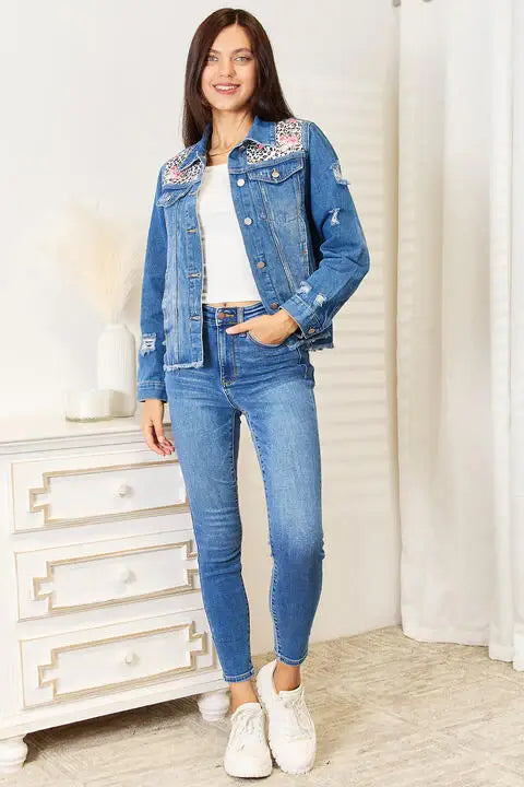 Baeful Leopard Floral Distressed Raw Hem Denim Jacket - Trendsi - Flyclothing LLC