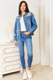 Baeful Leopard Floral Distressed Raw Hem Denim Jacket - Trendsi