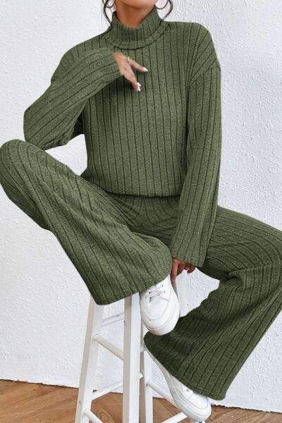 Mock Neck Dropped Shoulder Top and Pants Set - Trendsi - Flyclothing LLC