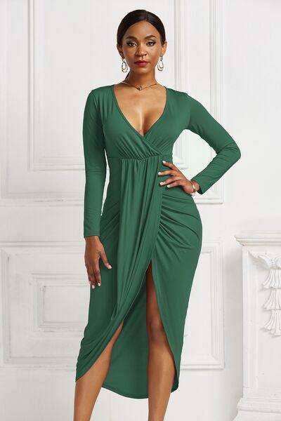 High-low Ruched Surplice Long Sleeve Dress - Trendsi - Flyclothing LLC