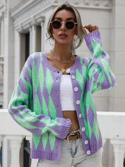 Argyle Button Front Drop Shoulder Cardigan - Trendsi
