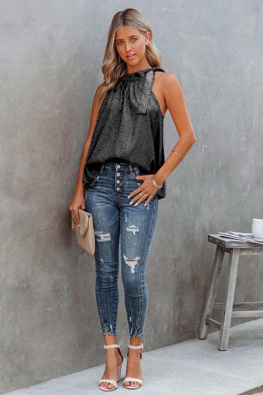 Printed Tied Grecian Neck Tank - Trendsi - Flyclothing LLC