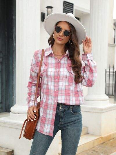 Plaid Button Up Pocketed Shirt - Trendsi - Flyclothing LLC
