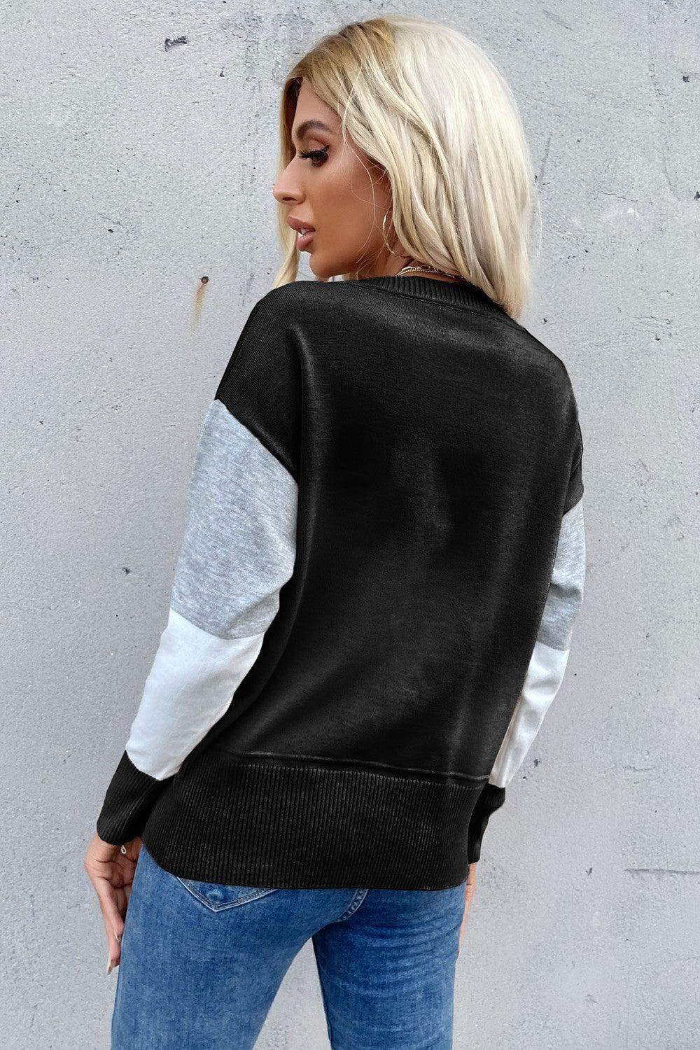 Color Block Ribbed Trim Round Neck Knit Pullover - Trendsi - Flyclothing LLC