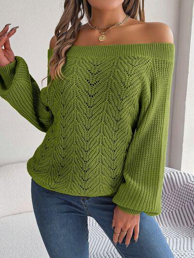 Openwork Off-Shoulder Long Sleeve Sweater - Trendsi