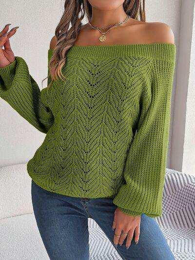 Openwork Off-Shoulder Long Sleeve Sweater - Trendsi - Flyclothing LLC