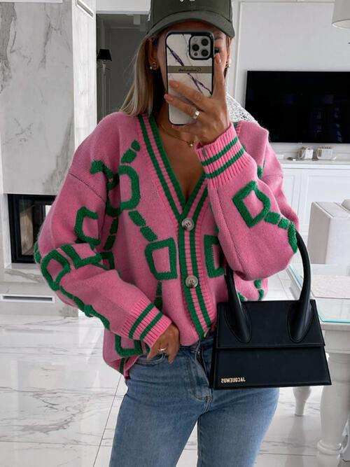 Geometric Dropped Shoulder Button Down Cardigan - Trendsi - Flyclothing LLC
