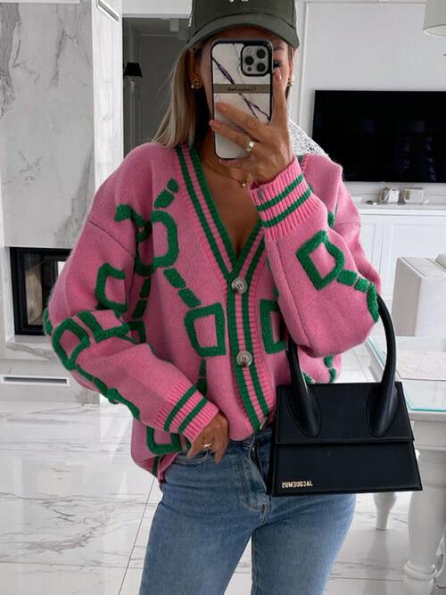 Geometric Dropped Shoulder Button Down Cardigan - Trendsi