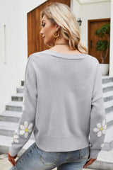 Floral Ribbed Trim Drop Shoulder Cardigan - Trendsi