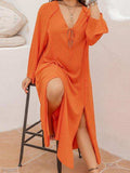 Plus Size Tie Neck Long Sleeve Slit Dress - Trendsi - Flyclothing LLC