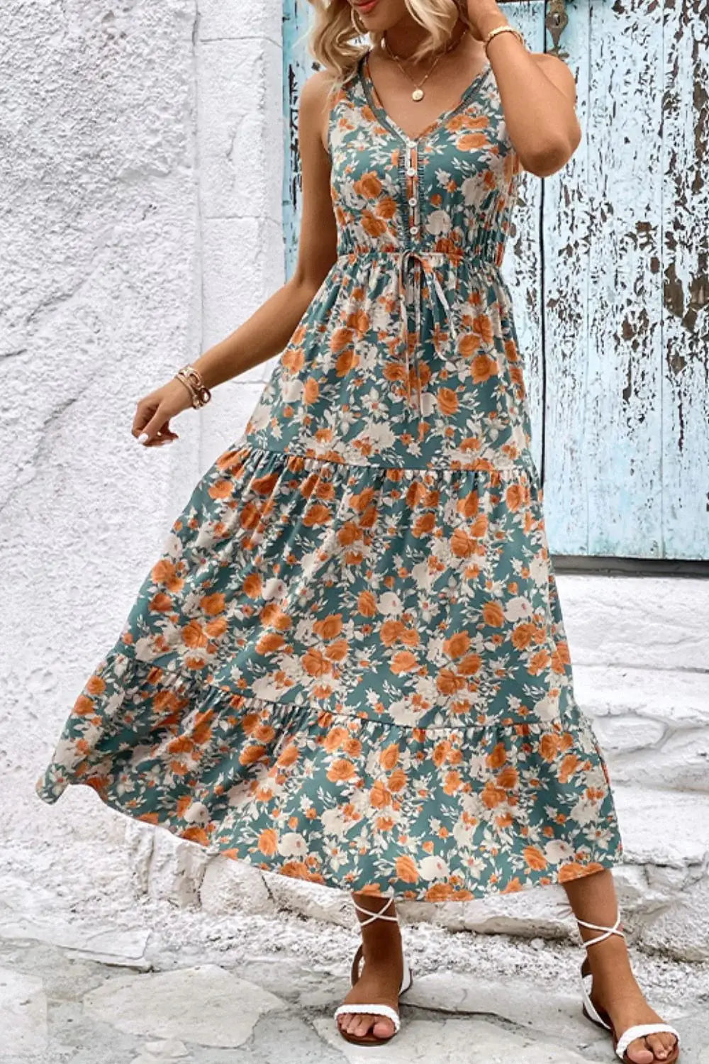 Floral V-Neck Tiered Sleeveless Dress - Trendsi - Flyclothing LLC