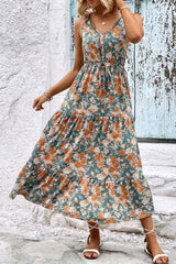 Floral V-Neck Tiered Sleeveless Dress - Trendsi