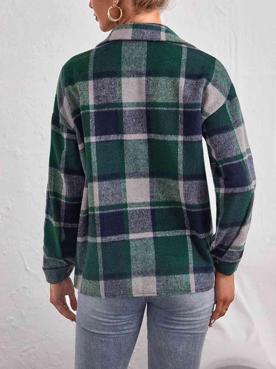 Plaid Collared Neck Button Down Jacket - Trendsi