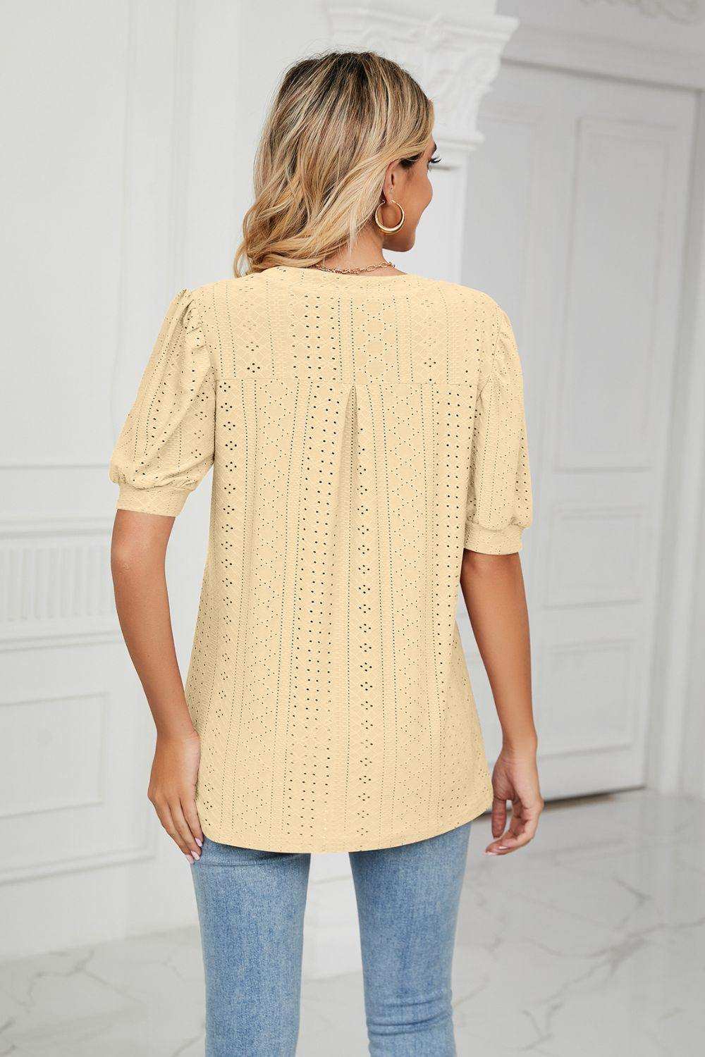 Eyelet Short Puff Sleeve Notched Neck Top - Trendsi - Flyclothing LLC