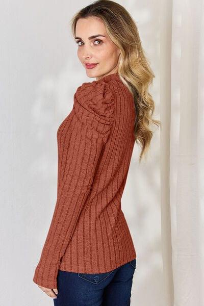 Basic Bae Full Size Ribbed Mock Neck Puff Sleeve T-Shirt - Trendsi