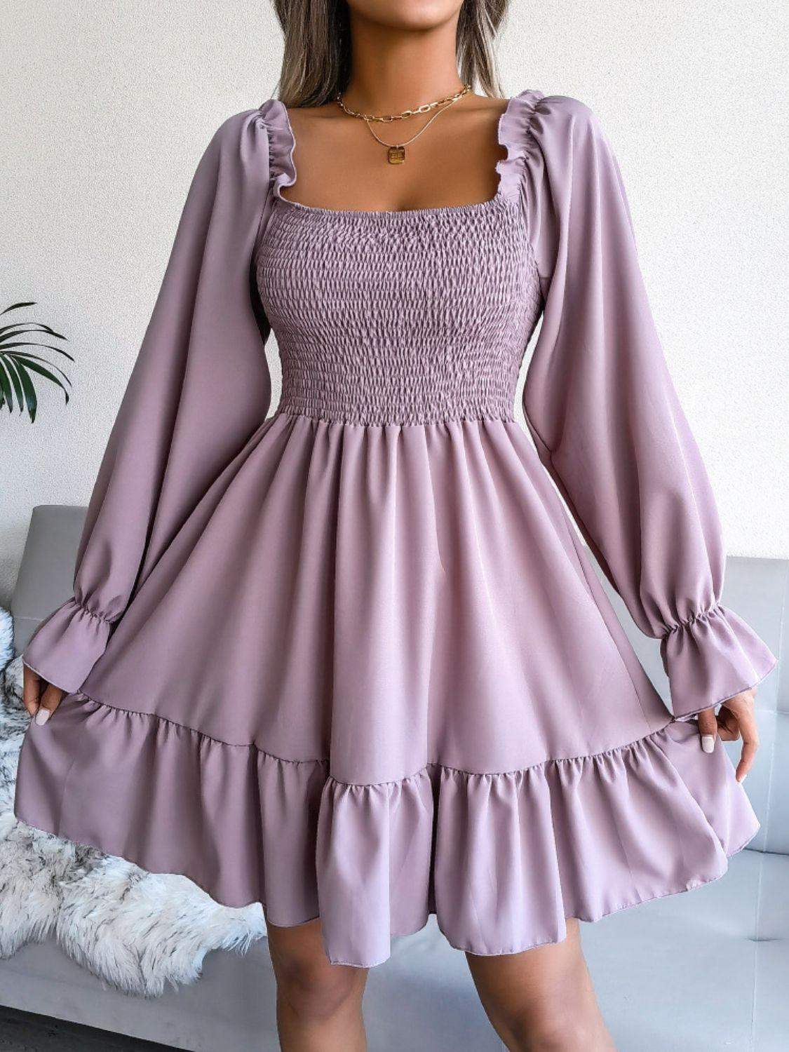 Smocked Flounce Sleeve Square Neck Dress - Trendsi - Flyclothing LLC