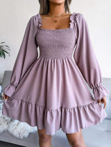 Smocked Flounce Sleeve Square Neck Dress - Trendsi - Flyclothing LLC