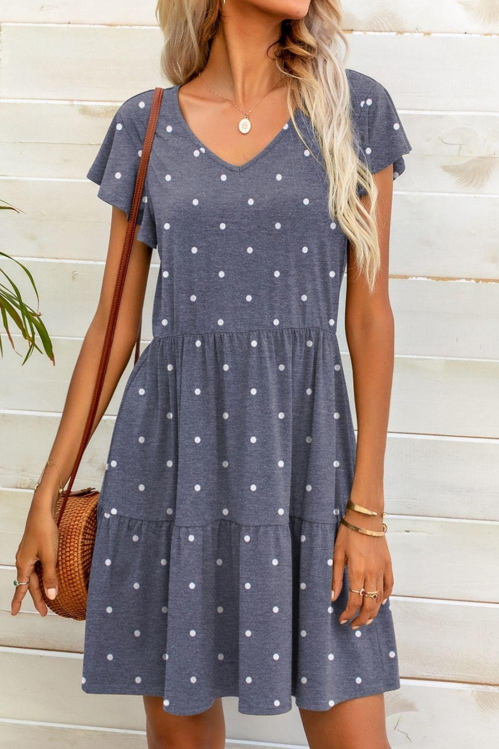 Polka Dot V-Neck Flutter Sleeve Mini Dress - Trendsi