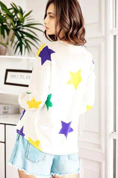Star Print Round Neck Lantern Sleeve T-Shirt - Trendsi - Flyclothing LLC