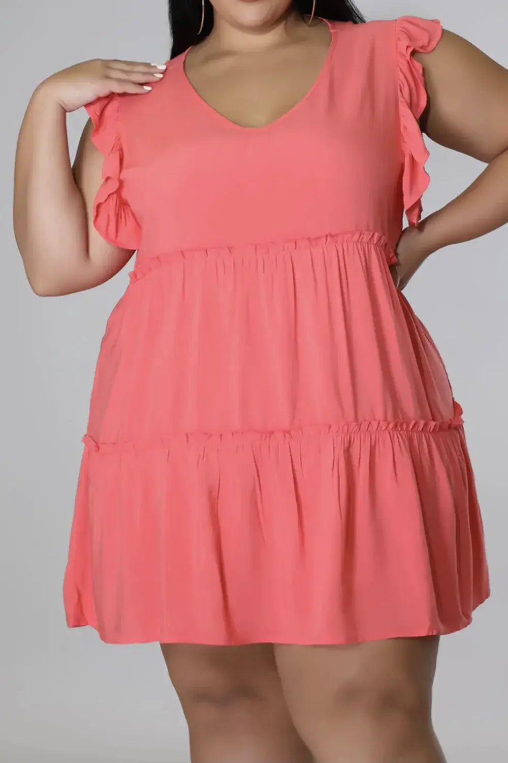 Plus Size V-Neck Frill Trim Mini Dress - Trendsi - Flyclothing LLC