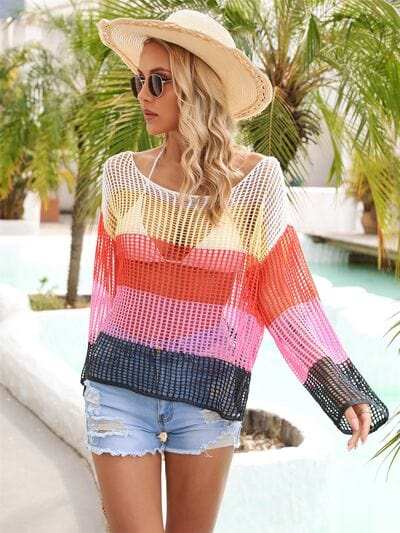 Color Block Openwork Boat Neck Cover Up - Trendsi - Flyclothing LLC