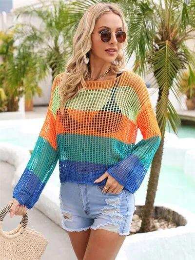 Color Block Openwork Boat Neck Cover Up - Trendsi - Flyclothing LLC