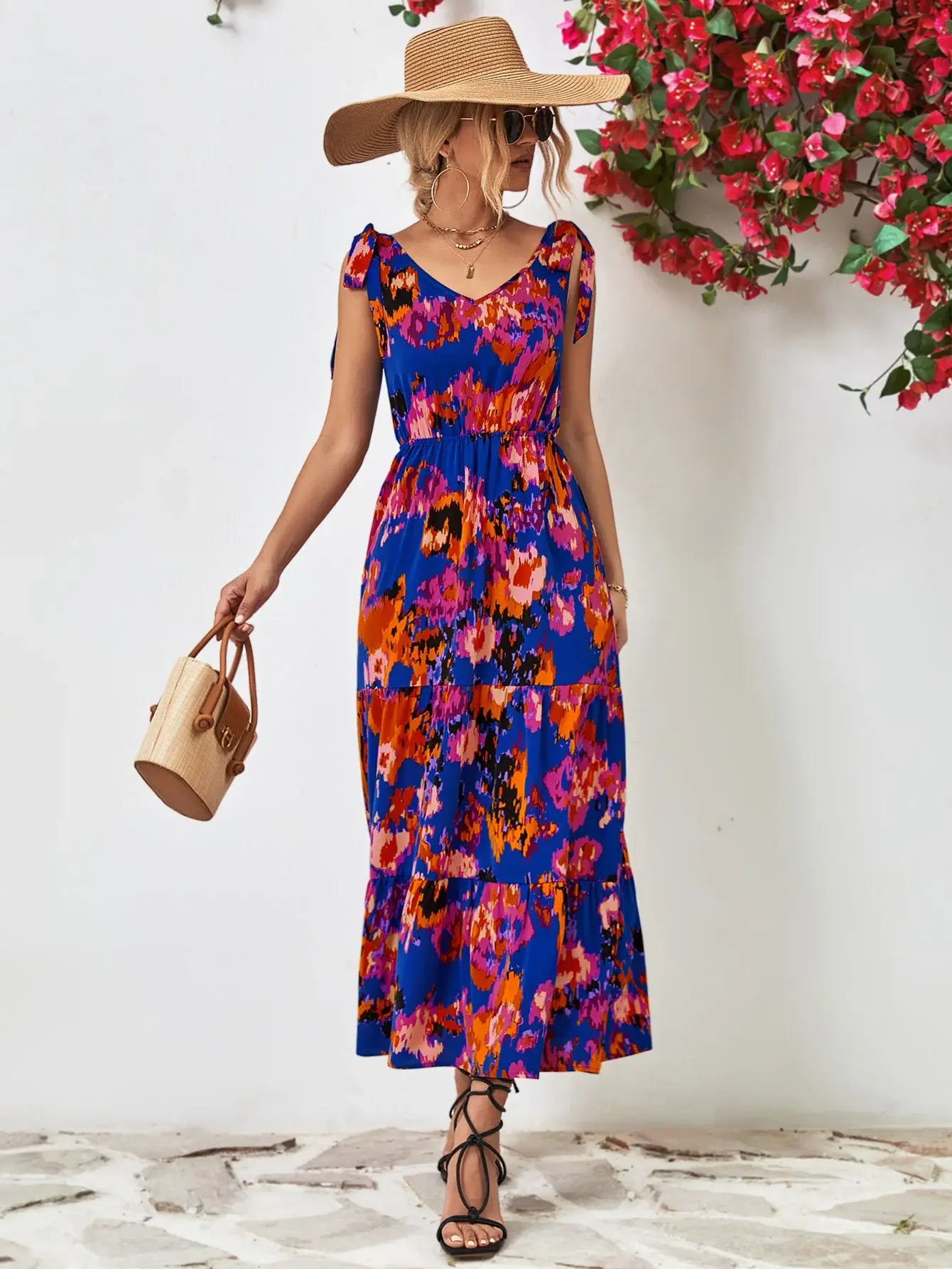 Multicolored V-Neck Backless Midi Dress - Trendsi - Flyclothing LLC