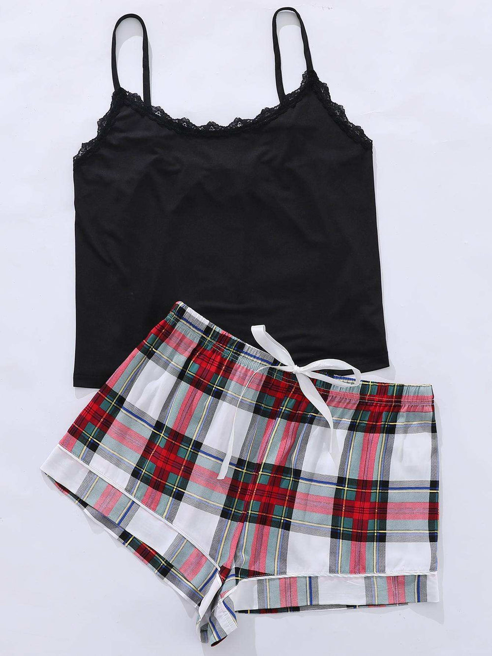 Plus Size Lace Trim Scoop Neck Cami and Printed Shorts Pajama Set - Trendsi - Flyclothing LLC
