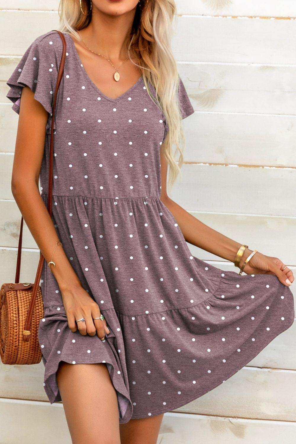 Polka Dot V-Neck Flutter Sleeve Mini Dress - Trendsi - Flyclothing LLC