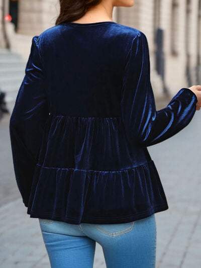 V-Neck Balloon Sleeve Peplum Blouse - Trendsi - Flyclothing LLC