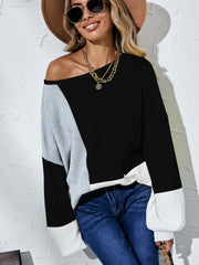 Color Block Balloon Sleeve Boat Neck Sweater - Trendsi